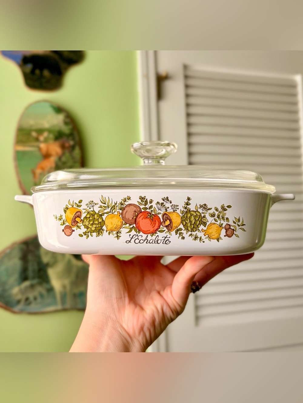 Vintage Retro Corningware Glass Covered CeramicCasserole Veggie "L'Echalote"